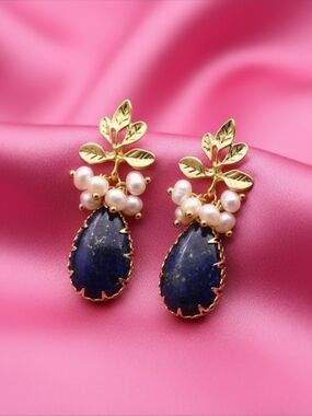 Lapis Lazuli & Freshwater Pearl Earrings w/ gold-plated Leaf Accent
